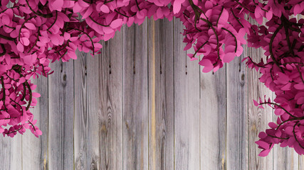 Beautiful pink background with leaves and wood texture, season of the year. 3d illustration, 3d rendering.