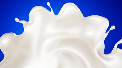 A splash of milk on a blue background. 3d illustration, 3d rendering.