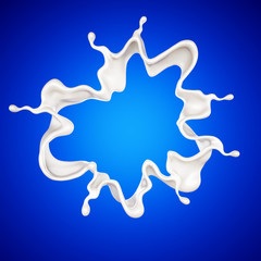 A splash of milk on a blue background. 3d illustration, 3d rendering.