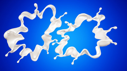 A splash of milk on a blue background. 3d illustration, 3d rendering.