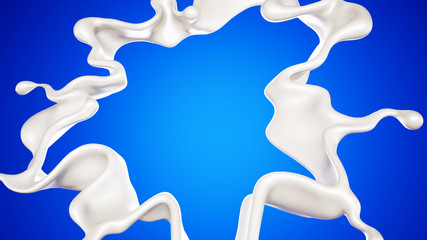 A splash of milk on a blue background. 3d illustration, 3d rendering.