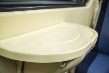 Red blue comfortable seats on the train,