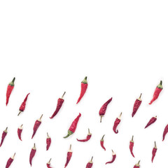 Dried chili peppers are on a white background. There is blank space for text.