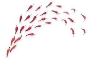 Dried chili peppers are on a white background in the form of a comet. At the bottom of the composition there is an empty space for the text.
