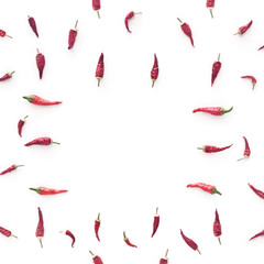 Dried chili peppers are on a white background. There is blank space for text in the center of the composition.