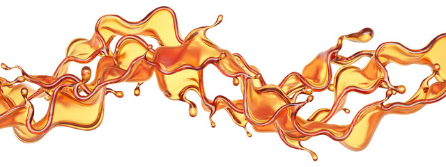 Splash of a transparent orange liquid on a white background. 3d illustration, 3d rendering.