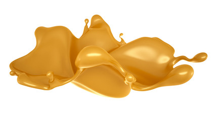 Golden yellow splash of caramel. 3d illustration, 3d rendering.