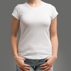 T-shirt design and people concept - close up of young woman in blank white t-shirt, shirt front and rear isolated. Mock up.