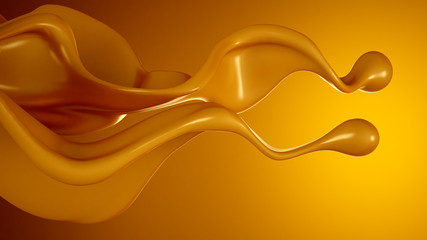 Golden splash of caramel on a yellow background. 3d illustration, 3d rendering.