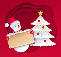 Snowman character with wooden signboard