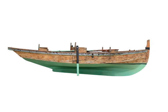 green wooden fishing boat isolated on white background