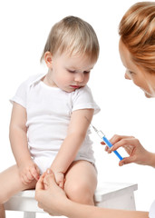 Doctors woman hand with syringe vaccinating child baby flu injection shot isolated on a white