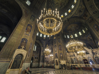 Fototapeta na wymiar Sofia, Bulgaria. Circa July 2018. Panorama view of the interior of Alexander Nevsky cathedral