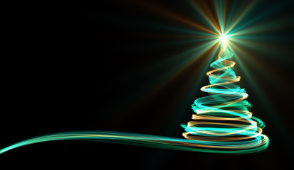 Christmas Tree From Yellow, Blue And Green Neon Streaks. 3D Illustration.