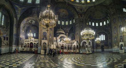 Sofia, Bulgaria. Circa July 2018. Panorama view of the interior of Alexander Nevsky cathedral