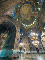 Fototapeta na wymiar Sofia, Bulgaria. Circa July 2018. Panorama view of the interior of Alexander Nevsky cathedral