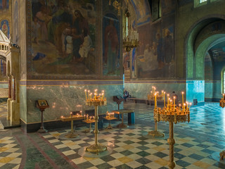 Sofia, Bulgaria. Circa July 2018. Panorama view of the interior of Alexander Nevsky cathedral