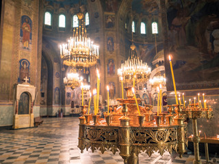 Sofia, Bulgaria. Circa July 2018. Panorama view of the interior of Alexander Nevsky cathedral