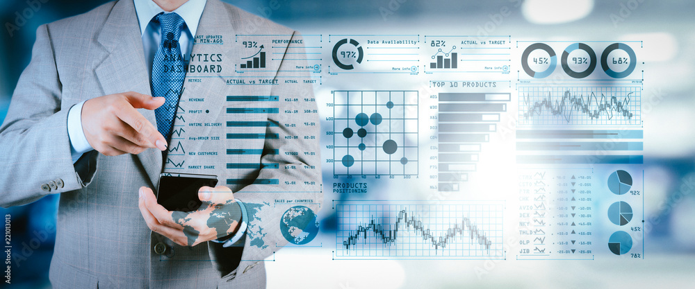 Aufkleber intelligence (bi) and business analytics (ba) with key performance indicators (kpi) dashboard concep