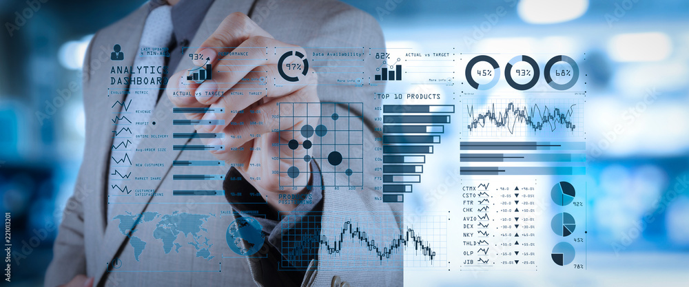 Poster Intelligence (BI) and business analytics (BA) with key performance indicators (KPI) dashboard concept.business documents on office table with smart phone and digital tablet and graph 
