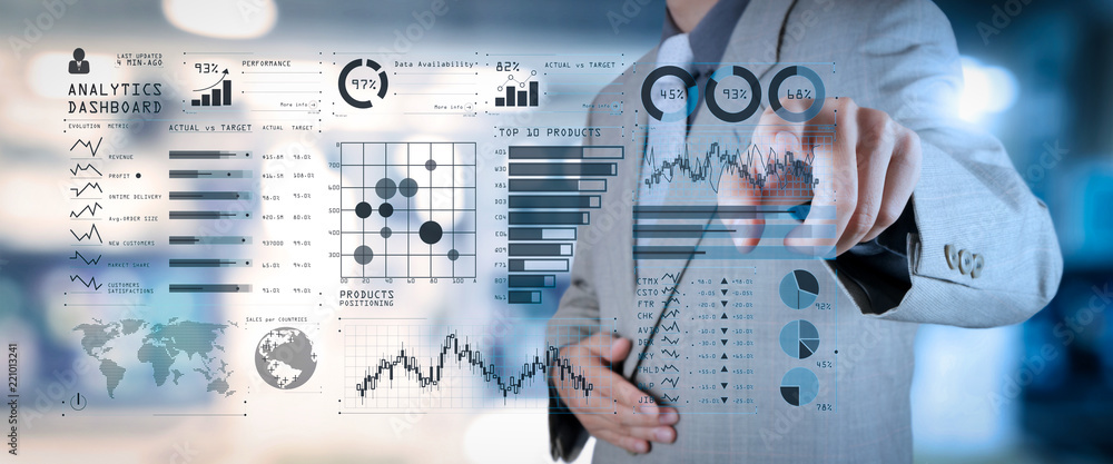 Poster Intelligence (BI) and business analytics (BA) with key performance indicators (KPI) dashboard concept.business documents on office table with smart phone and digital tablet and graph 
