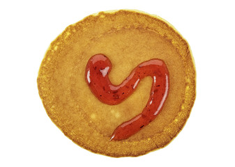 Pancake with raspberry jam isolated on white background, top view.