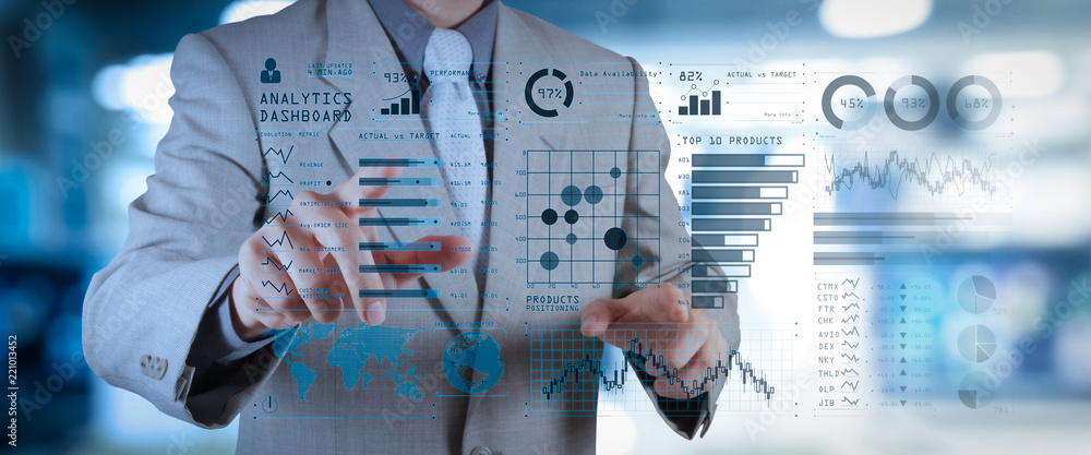 Poster intelligence (bi) and business analytics (ba) with key performance indicators (kpi) dashboard concep