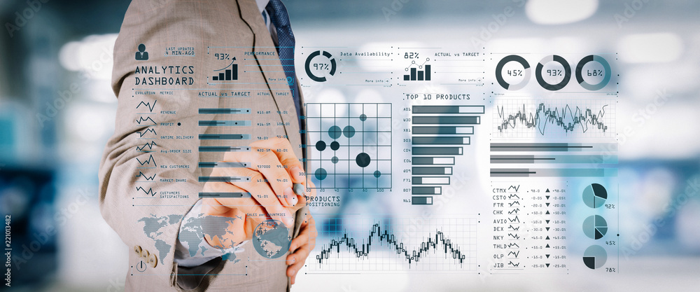 Poster intelligence (bi) and business analytics (ba) with key performance indicators (kpi) dashboard concep