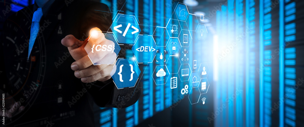 Aufkleber Coding software developer work with augmented reality dashboard computer icons of scrum agile development and code fork and versioning with responsive cybersecurity.Businessman working 