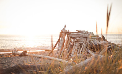 a driftwood shelter on a windswept beach at sunset