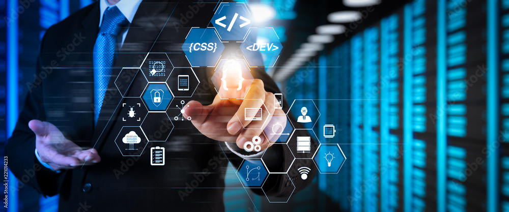 Aufkleber Coding software developer work with augmented reality dashboard computer icons of scrum agile development and code fork and versioning with responsive cybersecurity.Businessman working with wide VR