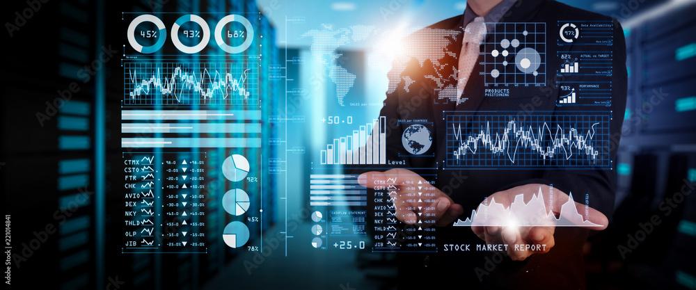 Poster investor analyzing stock market report and financial dashboard with business intelligence (bi), with