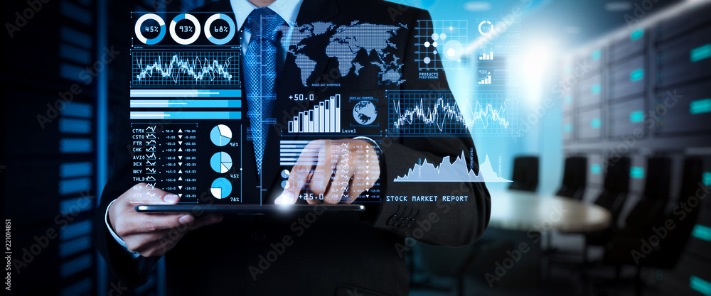 Poster investor analyzing stock market report and financial dashboard with business intelligence (bi), with