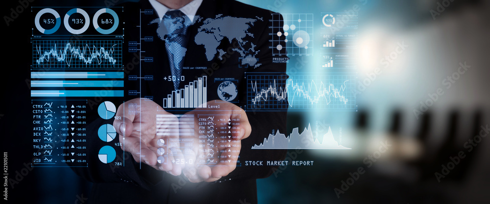 Poster investor analyzing stock market report and financial dashboard with business intelligence (bi), with