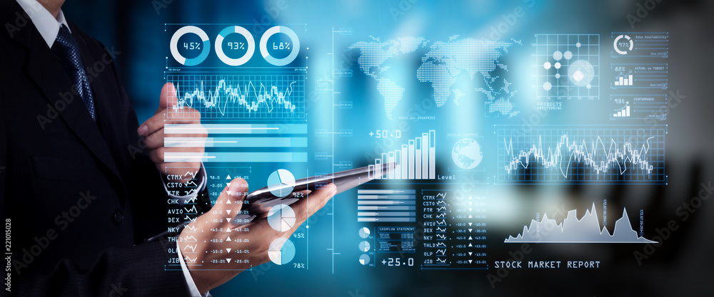 Poster investor analyzing stock market report and financial dashboard with business intelligence (bi), with