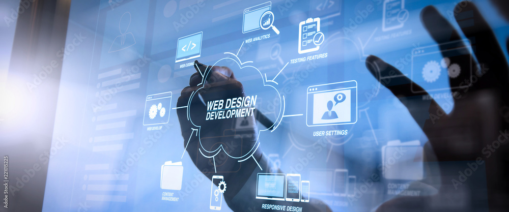 Aufkleber Developing programming and coding technologies with Website design in virtual diagram.cyber security internet and networking concept.Businessman hand working with VR screen.
