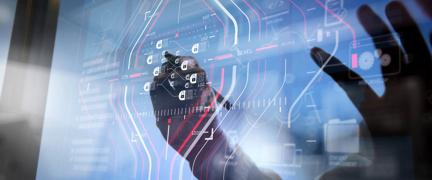 Blockchain technology concept with diagram of chain and encrypted blocks.businessman hand using tablet computer and server room background