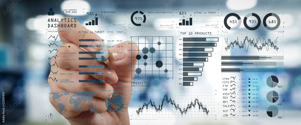 Aufkleber Intelligence (BI) and business analytics (BA) with key performance indicators (KPI) dashboard concept.business documents on office table with smart phone and digital tablet and graph
