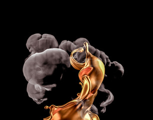 Splash of gold and smoke on a black background. 3d illustration, 3d rendering.