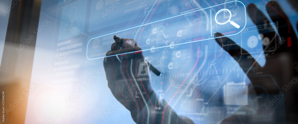 Poster Searching Browsing Internet Data Information Networking Concept with blank search bar.Designer Businessman hand using smart phone,mobile payments online shopping