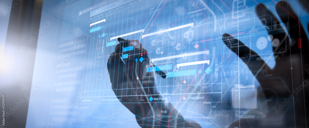 Poster Project manager working and update tasks with milestones progress planning and Gantt chart scheduling virtual diagram.Businessman hand pressing an imaginary button on virtual screen