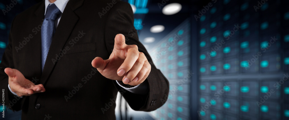Poster Businessman working with VR wide blank screen computer on server room in background.