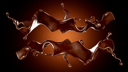 A splash of chocolate on a brown background. 3d illustration, 3d rendering.