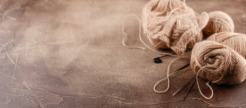 Knitting wool and knitting needles, knitting equipment