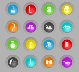 garden tools colored plastic round buttons icon set