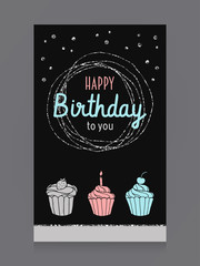 Happy Birthday silver glitter greeting card. Design on black background. Vector hand drawn illustration