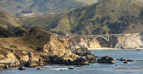Coastline with a bridge on the 17 mile drive in California