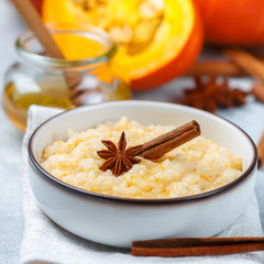 Delicious rice porridge with pumpkin, honey, cinnamon and star anise. Diet healthy Breakfast