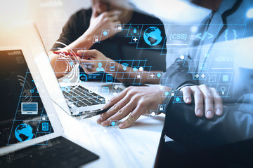 Business team meeting. Photo professional investor working new start up project. Finance task.Digital tablet docking keyboard laptop computer smart phone using, filter film effect
