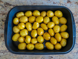 young, delicious potatoes in the form for baking, poured with olive oil